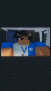 a roblox character wearing sunglasses and a blue shirt with the letter v on it