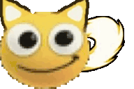 a close up of a yellow cat with big eyes and a tail .