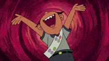a cartoon girl with her arms outstretched is wearing a hat with a green button on it