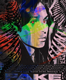 a colorful painting of a woman with a skeleton behind her
