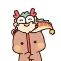 a cartoon bear is wearing a dragon hat and holding a firework stick .