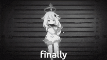 a black and white photo of a girl standing in front of a prison cell with the words `` finally '' .