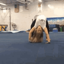 a woman is doing a handstand on a blue mat in a gym