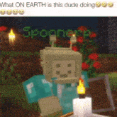 a minecraft character is standing next to a candle and a candle .