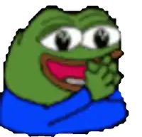 a green frog wearing a blue shirt is covering his mouth with his hand .