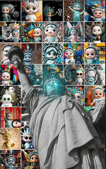 a collage of images of the statue of liberty with a blue light shining on it