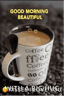a cup of coffee with a spoon in it and a good morning message .