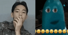 a man in a military uniform is smoking a cigarette next to a picture of a cartoon character with smiley faces .