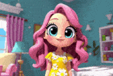 a cartoon girl with pink hair wearing a yellow dress with daisies on it
