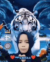 a girl in a hijab stands in front of a tiger with the name rita on the bottom