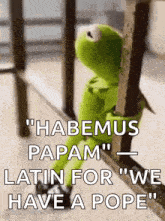 kermit the frog is sitting on a railing and saying `` habemus papam '' latin for '' we have a pope '' .