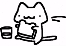 a black and white drawing of a cat eating a piece of food next to a cup .