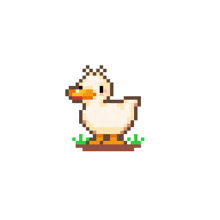 a pixel art of a duck with a yellow beak standing in the grass