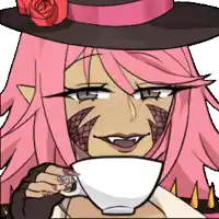 a woman with pink hair is drinking from a white cup