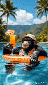 a chimpanzee is floating in a swimming pool holding an orange drink