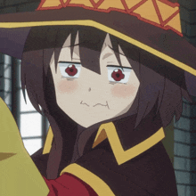 a close up of a girl wearing a hat with red eyes
