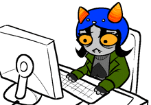 a black and white drawing of a cat with a blue helmet sitting in front of a computer