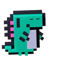 a pixel art of a green and black dinosaur with a white tail