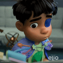 a close up of a cartoon character with elio written on the bottom right