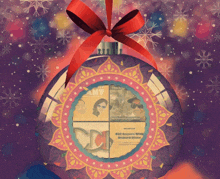 a christmas ornament with a red ribbon and a collage of newspapers including the new york times