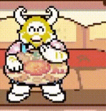 a pixel art drawing of a monster with horns holding a bowl of food .