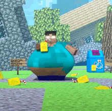 a very fat steve from minecraft is standing in a park holding a straw .