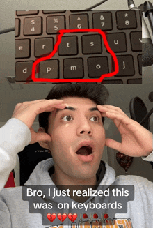 a man with a surprised look on his face and the words bro i just realized this was on keyboards underneath him