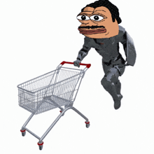 a cartoon character is pushing a shopping cart with a white background