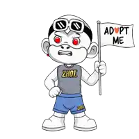 a cartoon character is holding up a flag that says adopt me