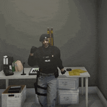 a man in a police uniform is standing in front of a table