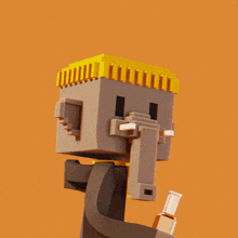 a pixel art of an elephant with a yellow hat and a speech bubble that says cheers