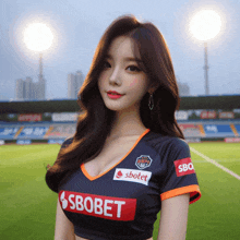 a woman in a sbobet shirt stands on a field