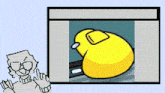 a cartoon character is standing next to a picture of a yellow sheep .