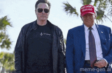 two men are standing next to each other one wearing a hat that says make america great again