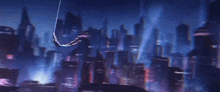 a comic book character is flying through the air in front of a city