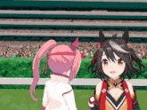 two anime girls are standing next to each other in front of a crowd in a stadium