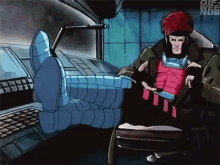 a cartoon character is sitting in a wheelchair with his feet up