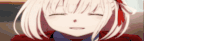 a close up of a anime girl with her eyes closed and a red bow in her hair .