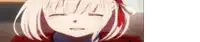 a close up of a anime girl with her eyes closed and a red bow in her hair .