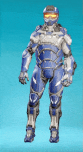 a man in a blue and white futuristic suit with a helmet and goggles