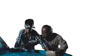 two men are standing next to each other and the word wax off is above them