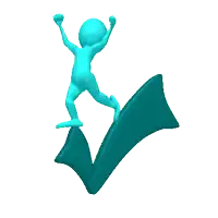 a 3d man is jumping over a check mark