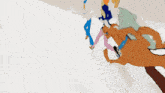 a cartoon drawing of a person holding a snowboard in the snow