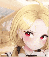 a cartoon girl with blonde hair and red eyes looks angry