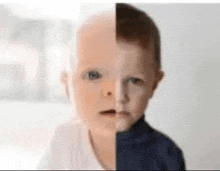 a baby and a young boy are sitting next to each other and looking at the camera .