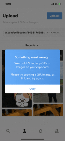 a phone screen that says something went wrong and says to try copying a gif image or link and try again