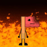 a cartoon character is holding a pink flag in front of flames