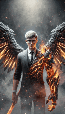 a man in a suit and tie with flaming wings