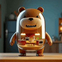 a teddy bear in a glass capsule with a kitchen inside