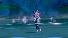 a girl with pink hair is wearing a jacket that says pokemon world